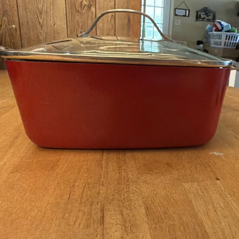 Red Copper Square Non-Stick Frying Pan Set w/ Lid & Fryer Basket, 3pc